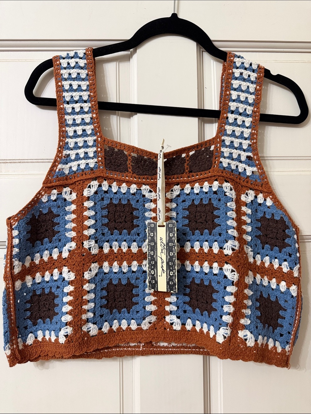 Ultra Pink Brown Blue White Crochet Crop Tank